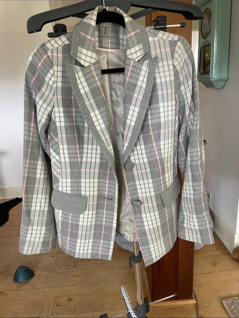 Tristan Gray Plaid Blazer with Pink Stripes